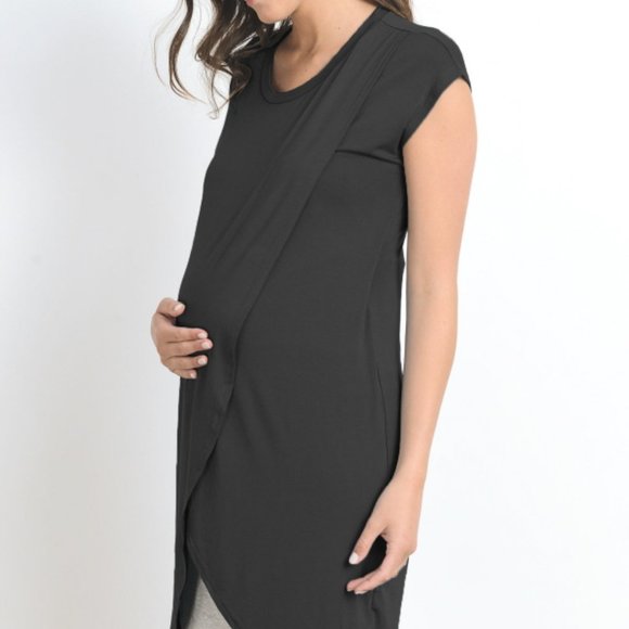 [CND1059] BK/GY Round Neck Color Block Asymmetrical Wrap Modal Nursing Tunic - Picture 3 of 4